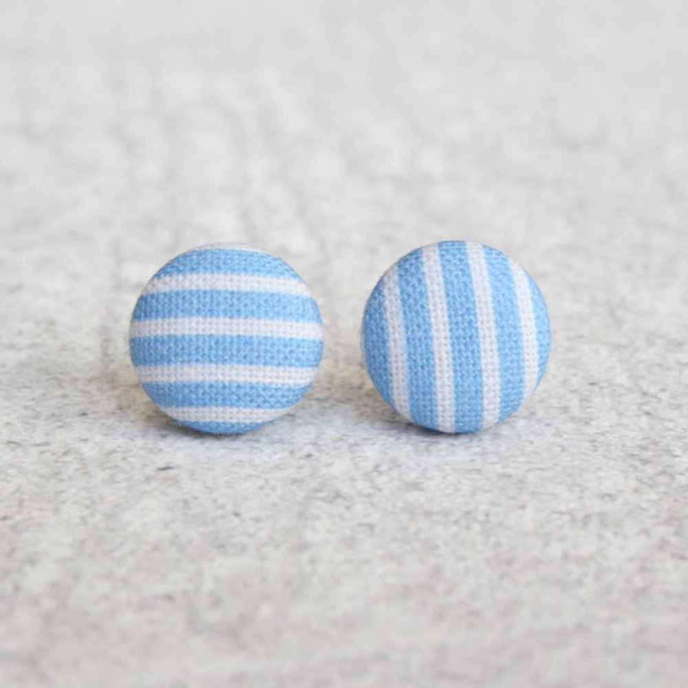 NWT Blue Stripe Fabric Button Earrings